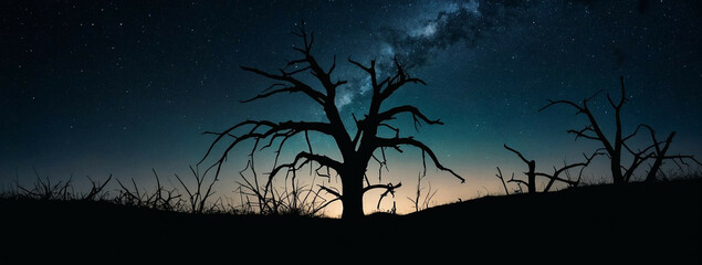 Tree Standing in Field Under Night Sky