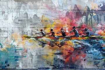 Graffiti Art of Rowers compete in a regatta on a river inhabited by spirits of the water. - obrazy, fototapety, plakaty