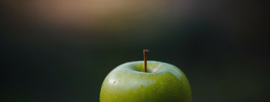 A close up of a green apple with a brown stem, photographed outdoors in natural light