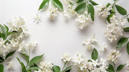 Fotobehang white flowers jasmine arrangement flat lay postcard style on background white ,generative ai, © Dzakir
