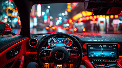 POV from the driver of car. Steering wheel, speedometer and dashboard in a luxury sports car