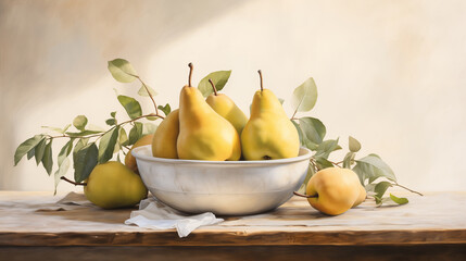 Against a wall backdrop, a rustic bowl overflows with ripe yellow pears, their freshness accentuated by the addition of lush green leaves, creating a picturesque display on the wooden table.