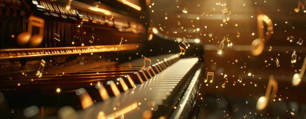 Detail to a piano and music notes going out from the piano during sunset, music instrumental concept