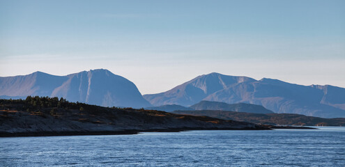Coastal mountains panorama. Norwegian landscape photo