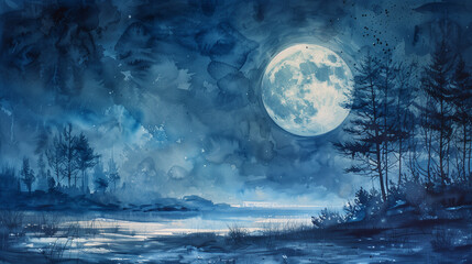 Naklejka na ściany i meble A realistic watercolor depiction of a full moon illuminating a peaceful nighttime scene, with soft shadows and a tranquil ambiance.