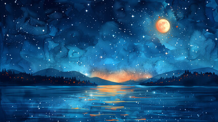 A watercolor painting of a full moon casts its soft glow on a mountain lake, with the night sky and the twinkling stars reflected on the water's surface.