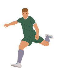 Fototapeta na wymiar Soccer player, sports man football player with ball in action. Young Male Cartoon character isolated vector illustration on transparent background. Guy playing sport game. 