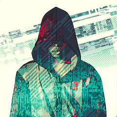 Hacker boy with hood, power of programming. Cutting-edge technology, use of artificial intelligence to expand and speed up programming processes. Illegal acquisition of information. Sensitive data - 755719554