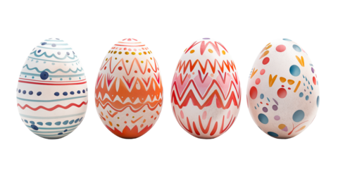 4 Easter eggs ornamentally hand painted in different shapes and colors isolated on a cutout PNG transparent background