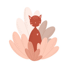 Cute cat in pink flowers. Cartoon vector illustration isolated on white background. Blooming floral card.