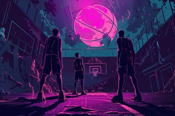 Vector Art of Basketball players discover a hidden portal on the court leading to a parallel universe where the game takes on magical properties.classic cyberpunk colors
