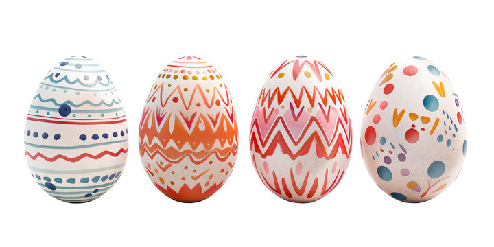 4 Easter eggs ornamentally hand painted in different shapes and colors isolated on a cutout PNG transparent background