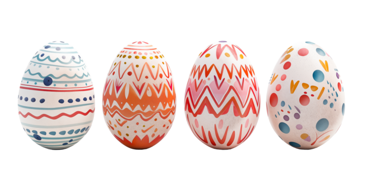 4 Easter eggs ornamentally hand painted in different shapes and colors isolated on a cutout PNG transparent background