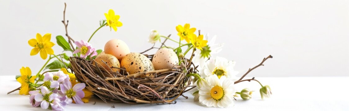 nest full of easter eggs with spring flowers isolated on white background for decoration