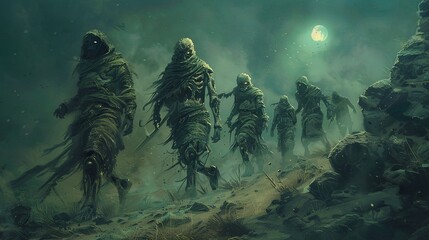 Whimsical Art of As they journeyed through the digital wasteland the adventurers encountered a group of cursed mummies - obrazy, fototapety, plakaty