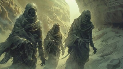 Whimsical Art of As they journeyed through the digital wasteland the adventurers encountered a group of cursed mummies - obrazy, fototapety, plakaty