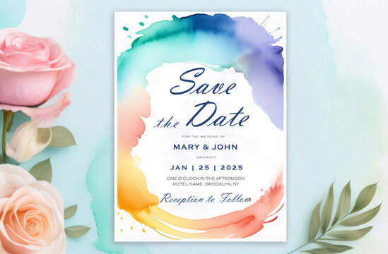 Watercolor effect. Vector illustration. Modern Colorful Wedding Invitations template. Overlay of rainbow colors background. LGBTQ rainbow texture.