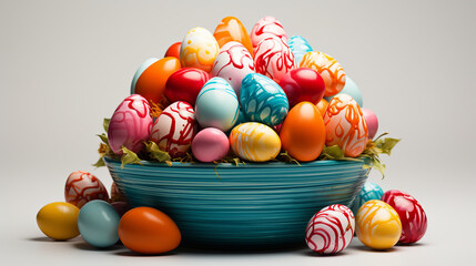 Colorful Easter basket filled with eggs on light background. Easter concept.