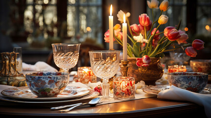 Obraz na płótnie Canvas Candlelit Easter Dinner: A dining table set for an intimate Easter dinner with softly lit candles.