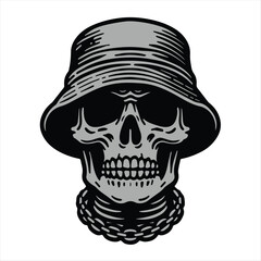 skull head with bucket hat logo icon isolated white background
