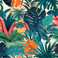 Beach cheerful seamless pattern wallpaper of tropical dark green leaves of palm trees and flowers bird of paradise (strelitzia) plumeria on a watercolor background - obrazy, fototapety, plakaty