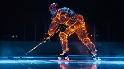 Creative image of concentrated and motivated man, hockey player in motion during game, on ice rink with stick.