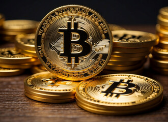 Bitcoins on a wooden table