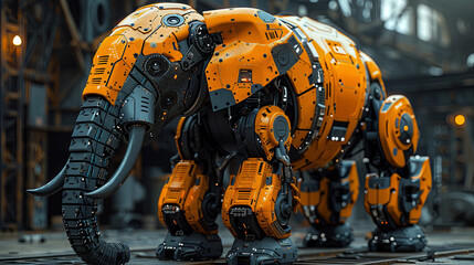 In a minimalist render, the robotic elephant embodies the essence of futuristic automation, orange and black color, a testament to the prowess of artificial intelligence in wildlife mimicry.