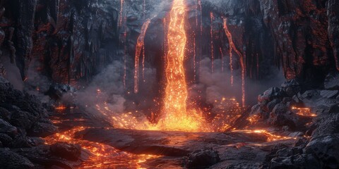 Lava waterfall with flowing lava from the active volcano during eruption, nature concept