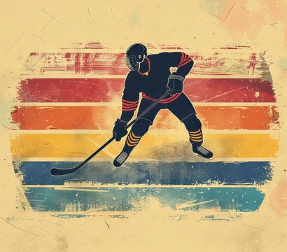 Illustration of a hockey player in action with a grunge vintage background. Banner design for winter sports events