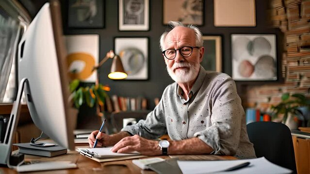 An elderly man with glasses sketches designs and reviews work on his large monitor in a cozy, art-filled home office
