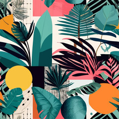 Beach cheerful seamless pattern wallpaper of tropical dark green leaves of palm trees and flowers bird of paradise (strelitzia) plumeria on a watercolor background