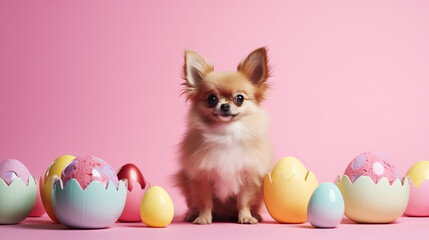 Fototapeta na wymiar Dog in a Easter setting with colorful eggs