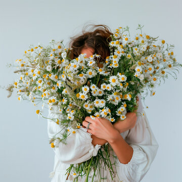 Woman holding big gorgeous bouquet of different fresh flowers in full bloom while standing against gray wall, studio shot. Floristic concept