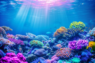 Fototapeta na wymiar Colorful tropical coral reef with fish. Vivid multicolored corals in the sea aquarium. Beautiful Underwater world. Vibrant colors of coral reefs under bright neon purple light. 