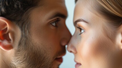 Fototapeta premium A young couple in love, standing close, looking into each others eyes with affection. They smile happily against a neutral background. Romantic and sweet moment captured.