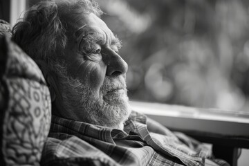 Portrait of a contemplative elderly man at home. Reflective mood and aging concept. Design for senior lifestyle, memoirs - obrazy, fototapety, plakaty