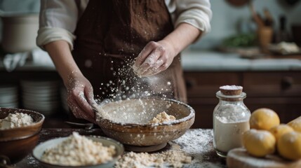 Obraz na płótnie Canvas Person sprinkling flour in a bowl. Rustic kitchen scene with ingredients. Home baking and cooking concept. Design for recipe blog, cookbook, poster. Close-up with selective focus and copy space
