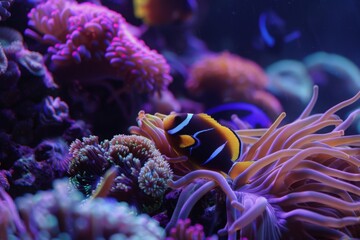 Colorful tropical coral reef with fish. Vivid multicolored corals in the sea aquarium. Beautiful Underwater world. Vibrant colors of coral reefs under bright neon purple light.  
