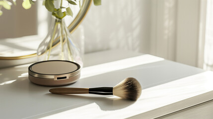 Makeup brush and compact powder on a sunny vanity.