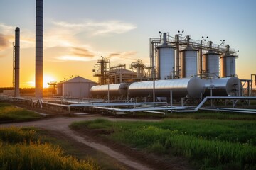 Obraz premium A modern biogas plant processing agricultural waste to generate renewable energy, with intricate pipelines and tanks.