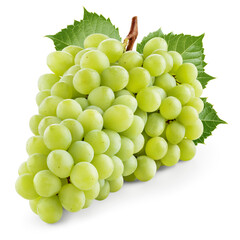Grapes transparent PNG. Green grapes isolated on transparent or white background. Green grape with leaves. - 755723346