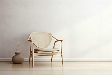 Beige Scandinavian chair and white frame against a soft wall backdrop.
