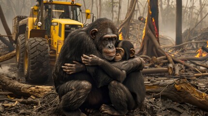 A family of chimpanzees hugged each other in a fire-ravaged forest, they were sad. Their homes quickly disappear to bulldozers and flames, environmental disaster, deforestation, Save animal wild © ND STOCK