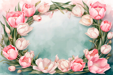 Background of tulips for congratulations or invitations with copy space in the center.