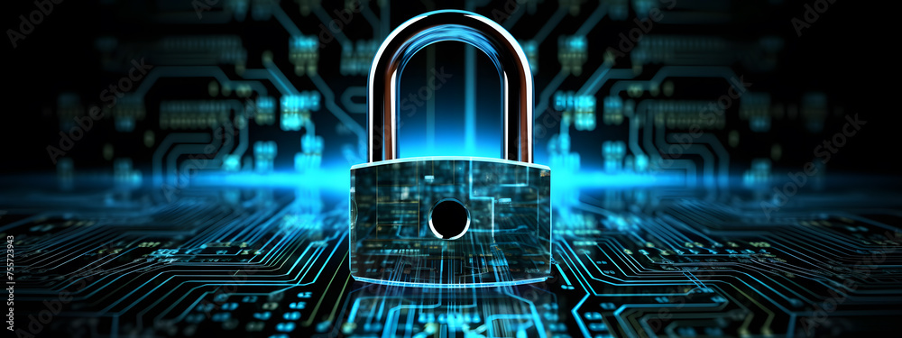 Poster lock icon on circuit board, cyber security concept banner design background