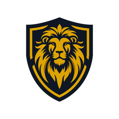 A majestic golden lion, its intense gaze framed within a bold black shield
