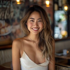portrait of a beautiful Asian woman, on a blurred background of a cafe