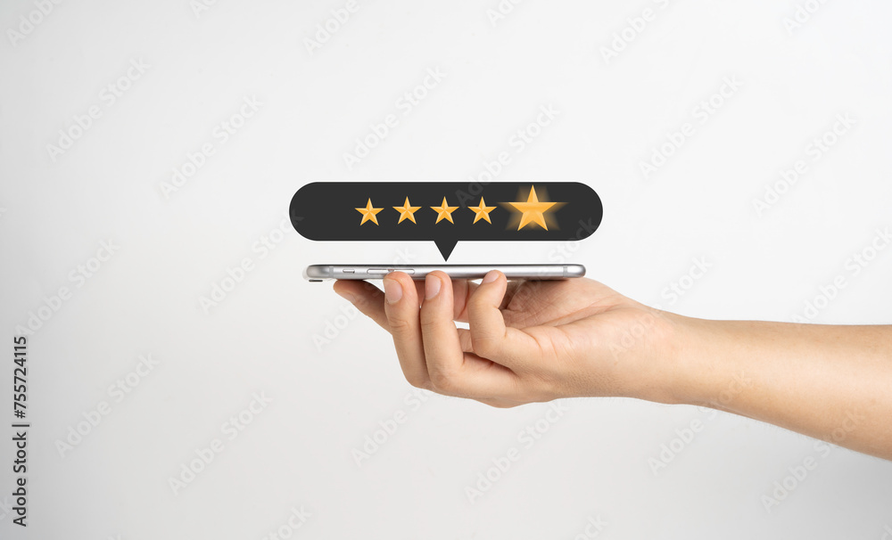 Poster hand holding smartphone show five golden stars for client the best experience after use product and 
