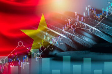 Double exposure among of coins stacking , stock market graph chat and Vietnam flag for Vietnam country is new born economy and high business development growth from many investment concept. - obrazy, fototapety, plakaty